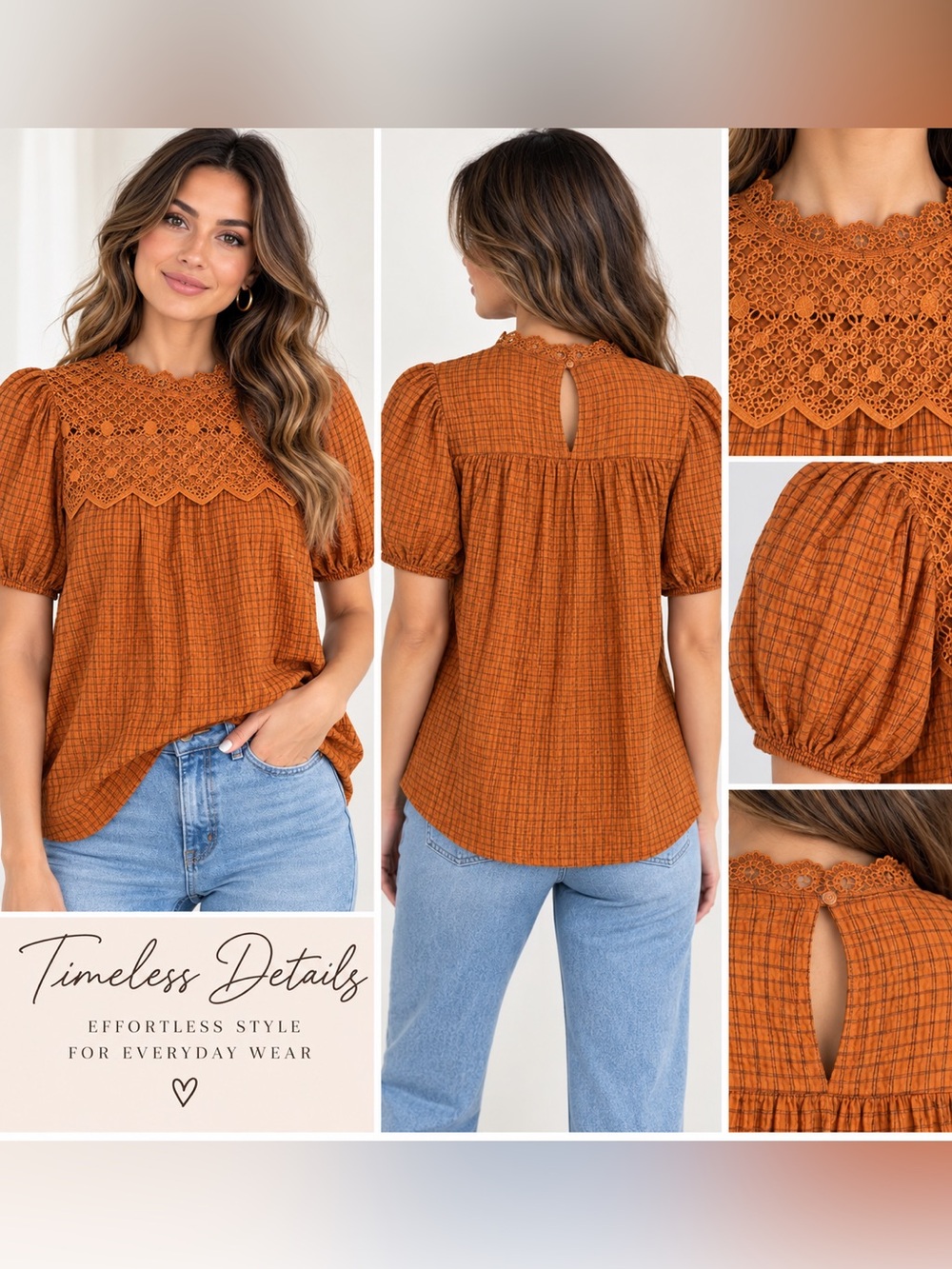 MINE Rust Plaid Crochet Lace Puff Sleeve Blouse Top Size M NIP